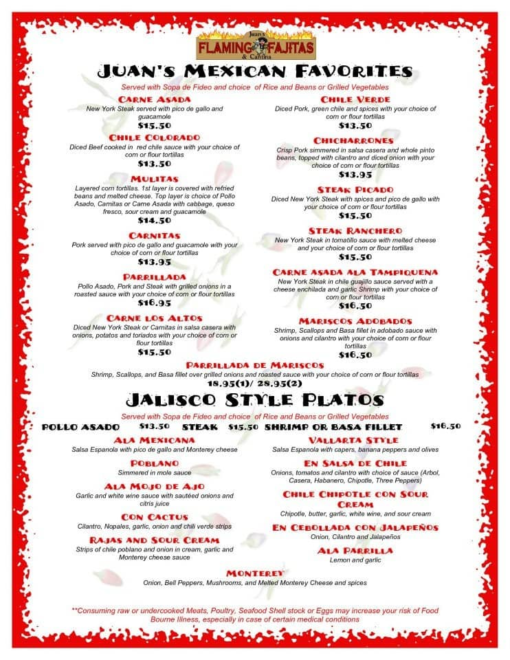 Menu at Juan's Flaming Fajitas & Cantina restaurant, Las Vegas