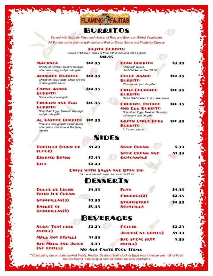 Menu at Juan's Flaming Fajitas & Cantina restaurant, Las Vegas