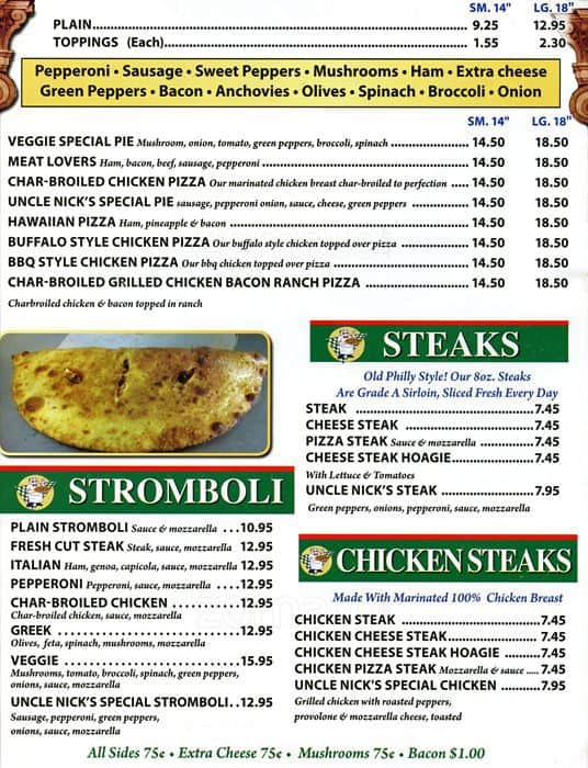 Uncle Nick's Pizza Menu, Menu for Uncle Nick's Pizza, Brewerytown