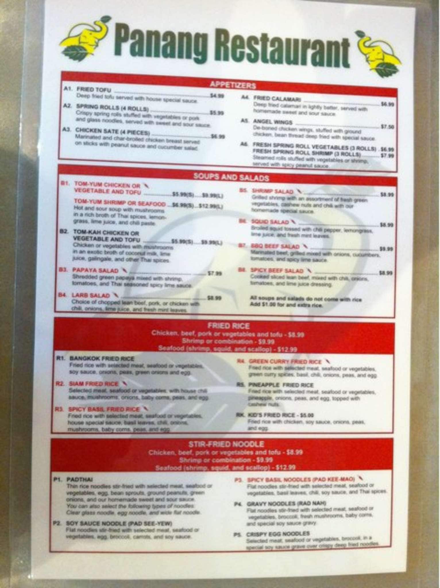 Carta de Panang Thai Restaurant S Penn, Oklahoma City, S Pennsylvania Ave