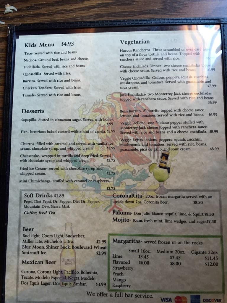 Menu at Amigos restaurant, Eureka Springs