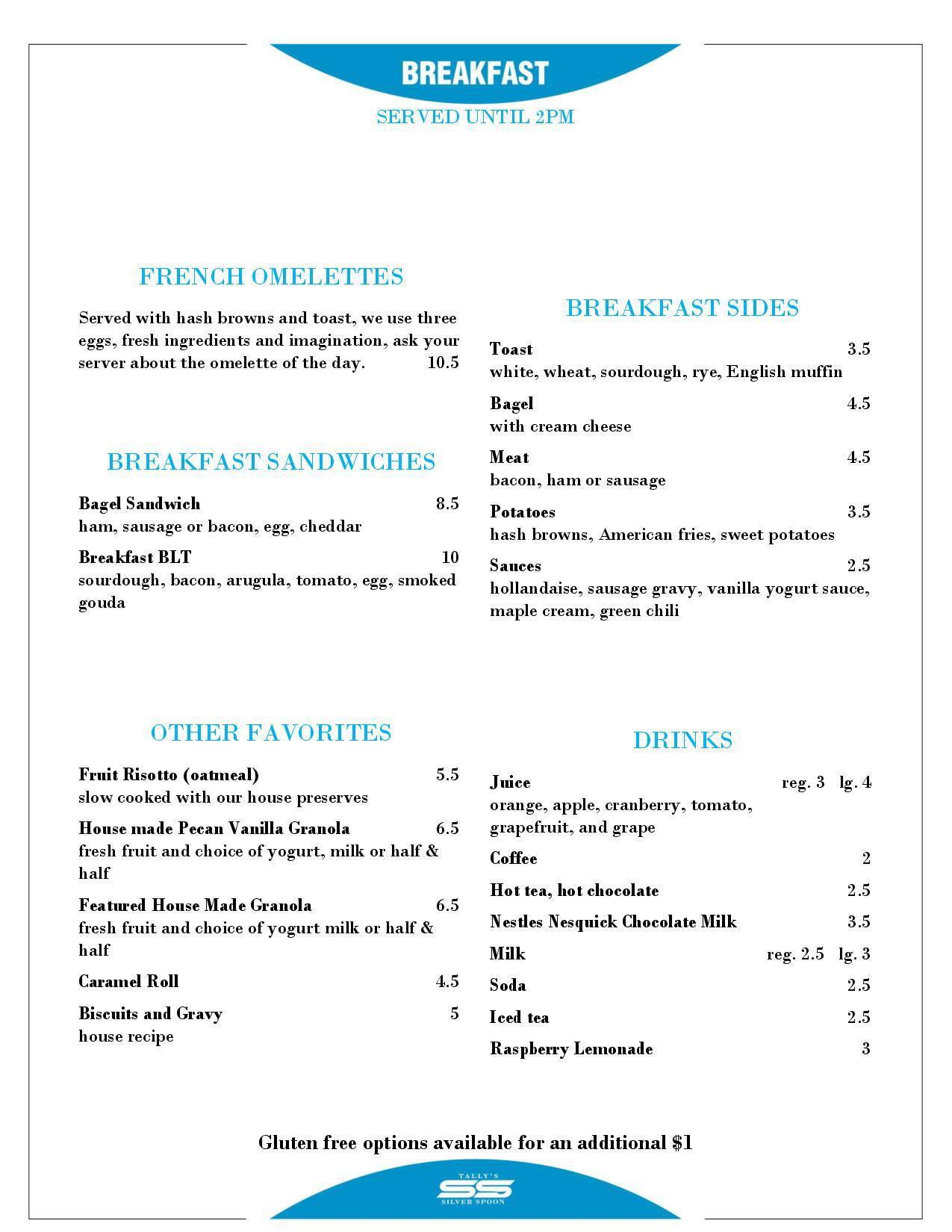 Menu at Tally's Silver Spoon pub & bar, Rapid City