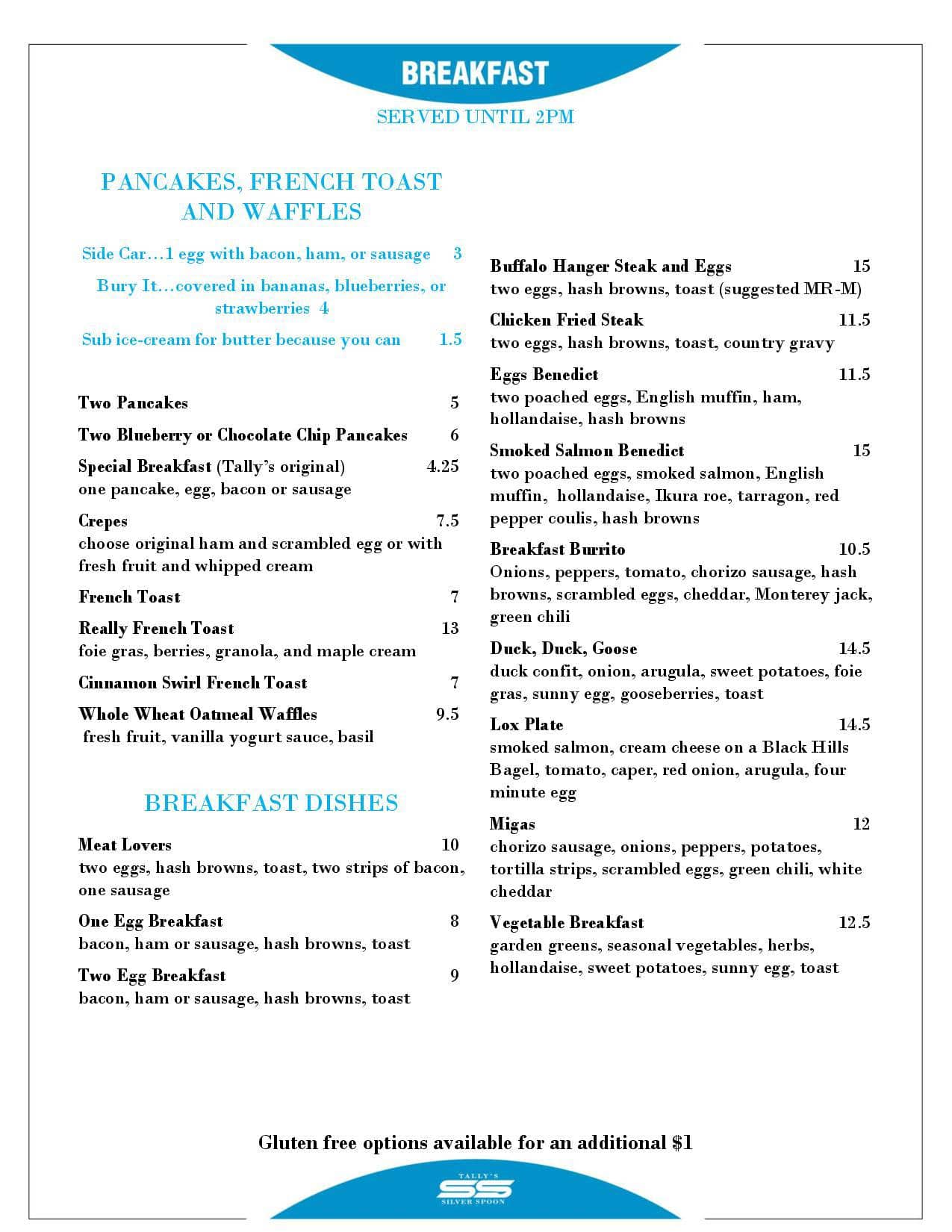 Menu at Tally's Silver Spoon pub & bar, Rapid City