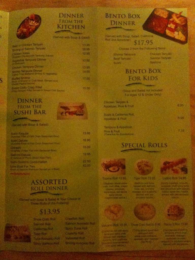 Menu at Sake Cafe, Lufkin