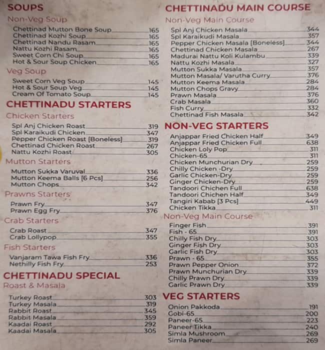 Anjappar Chettinad Restaurant menu
