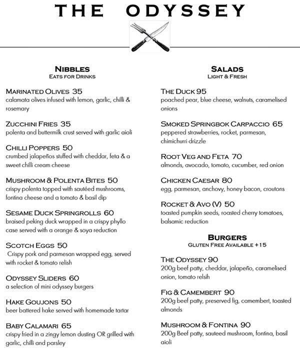 Menu au French Toast restaurant, Le Cap