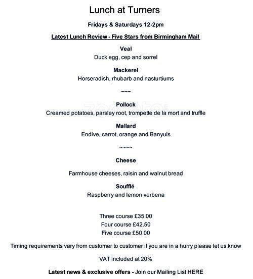 Turners Restaurant menu, Menu restauracji Turners Restaurant, Harborne
