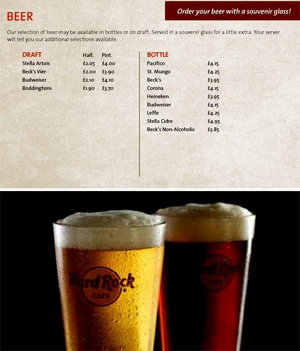 Menu at Hard Rock Cafe, Glasgow