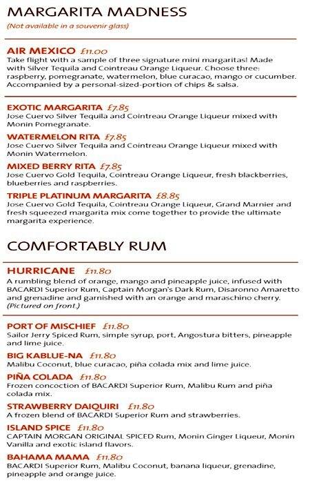 Menu at Hard Rock Cafe, Glasgow