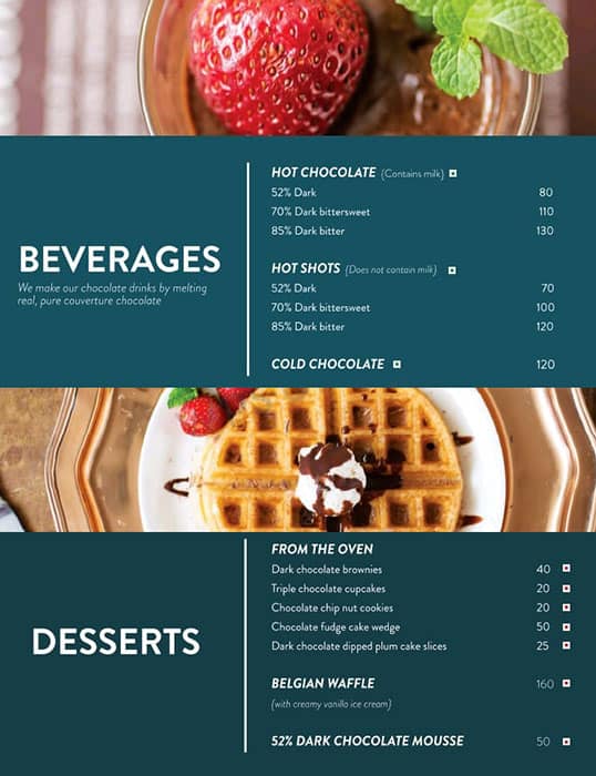 Menu at Cocoacraft Chocolate Factory, Kochi