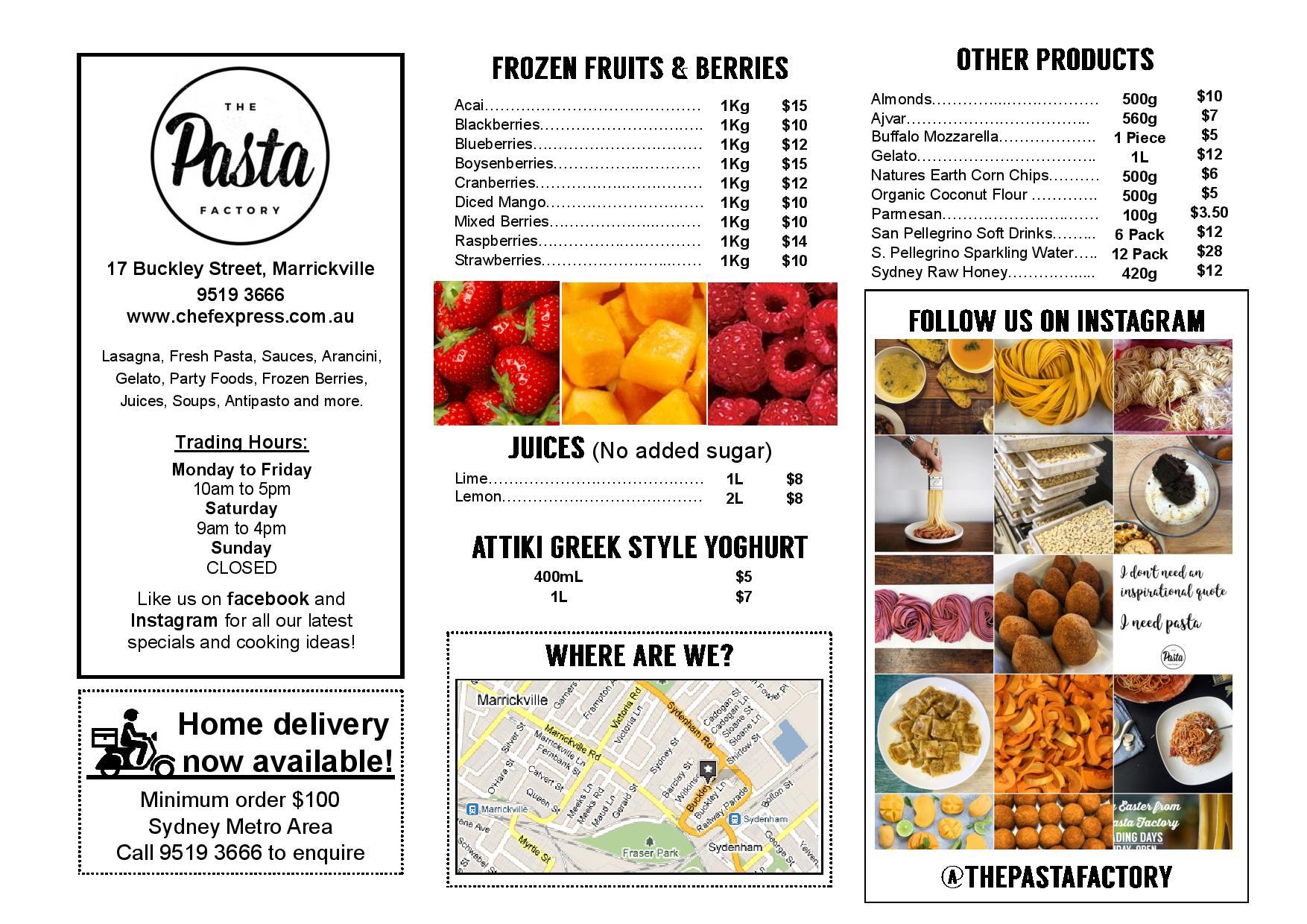 The Pasta Factory Menu, Menu for The Pasta Factory, Marrickville