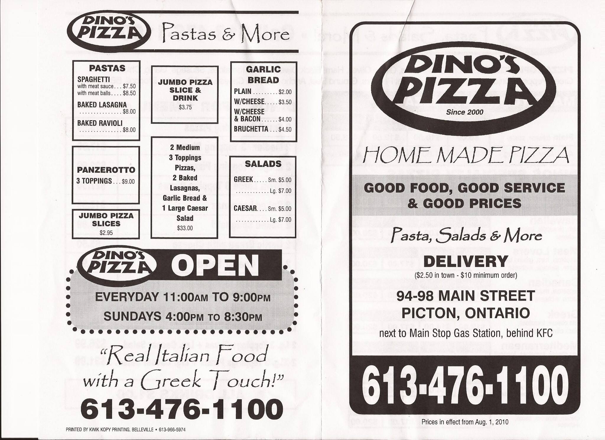 Dino's Pizza Menu, Menu for Dino's Pizza, Prince Edward, Prince Edward