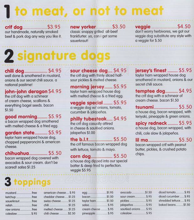 Crif Dogs Menu, Menu for Crif Dogs, North Williamsburg North Side, New York City Urbanspoon