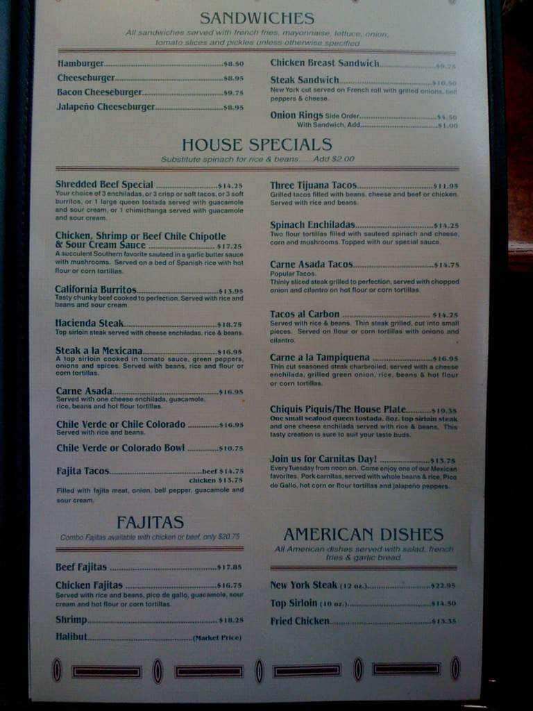 Menu at Hacienda Mexican Restaurant, Wasilla, E PalmerWasilla Hwy