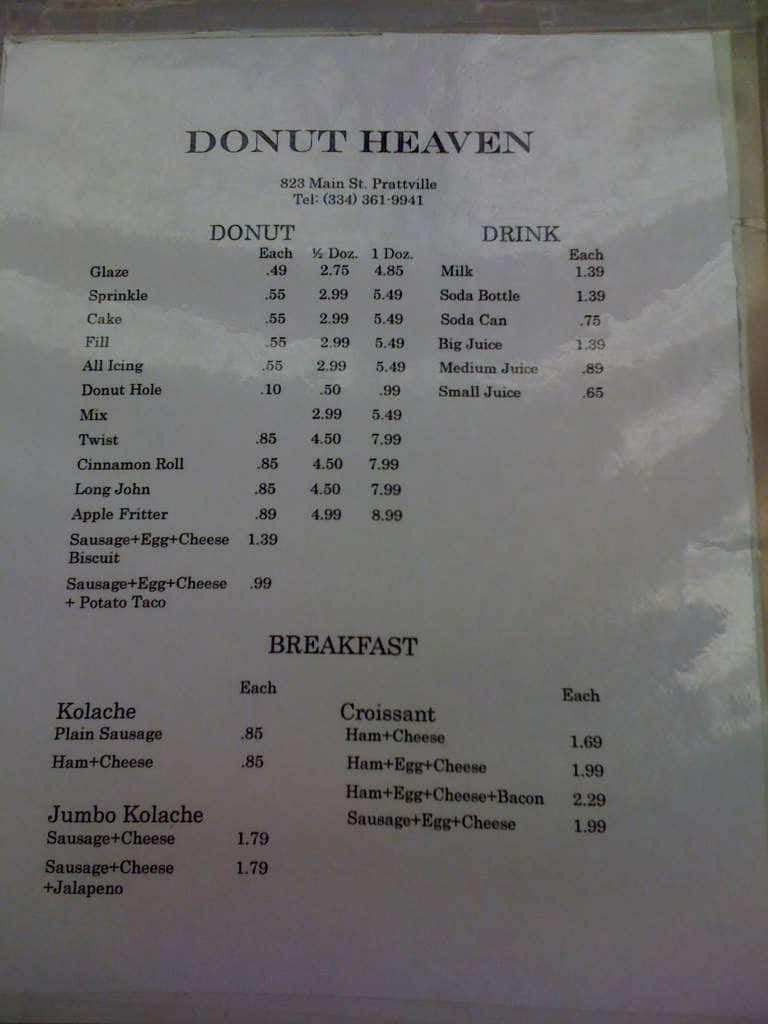 Doughnut Heaven Menu, Menu for Doughnut Heaven, Prattville, Montgomery
