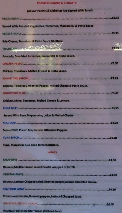 Menu at Johnstons cafe, London