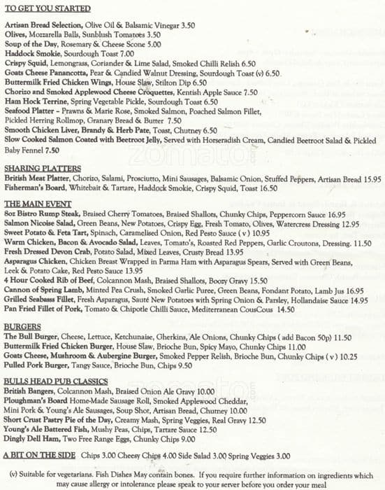 Menu at The Bull's Head pub & bar, Chislehurst, Royal Parade