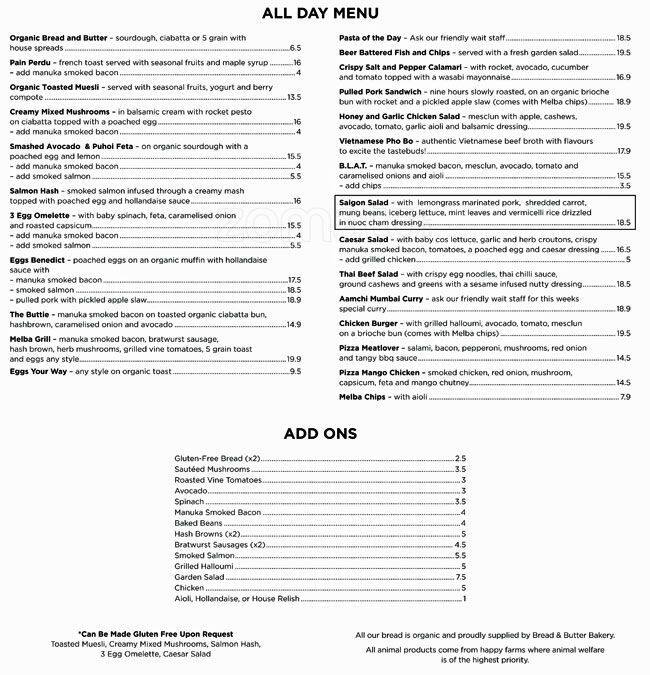 MELBA Menu, Menu for MELBA, Victoria Street West, Auckland Menumania