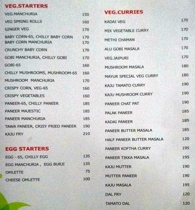 Mayur Restaurant menu
