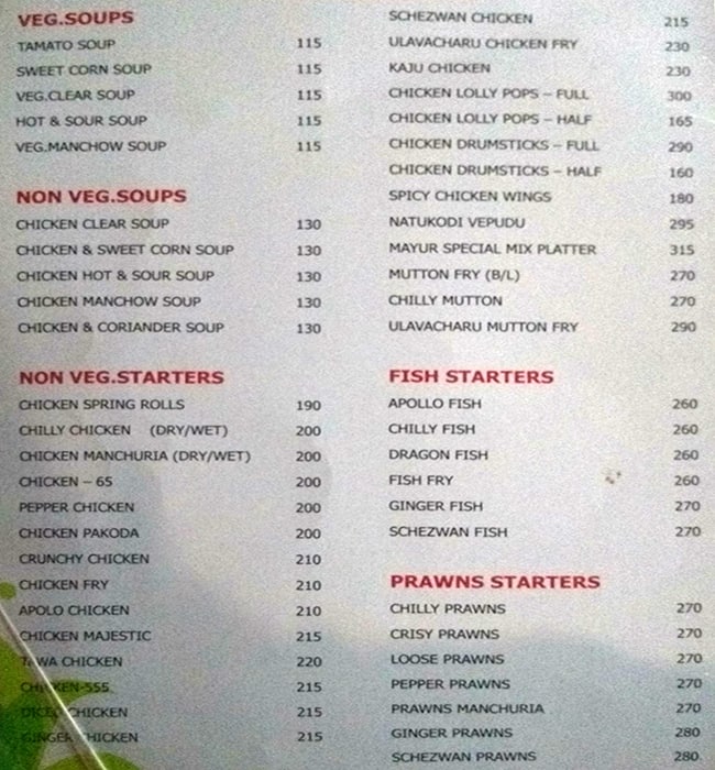 Mayur Restaurant menu
