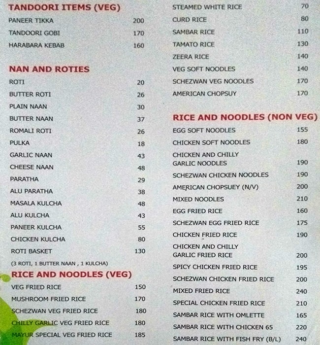 Mayur Restaurant menu