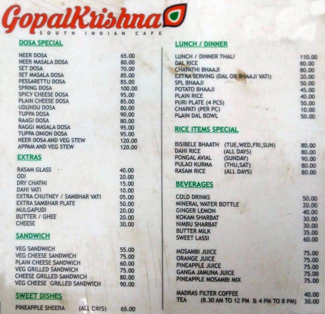 GopalKrishna South Indian Cafe menu