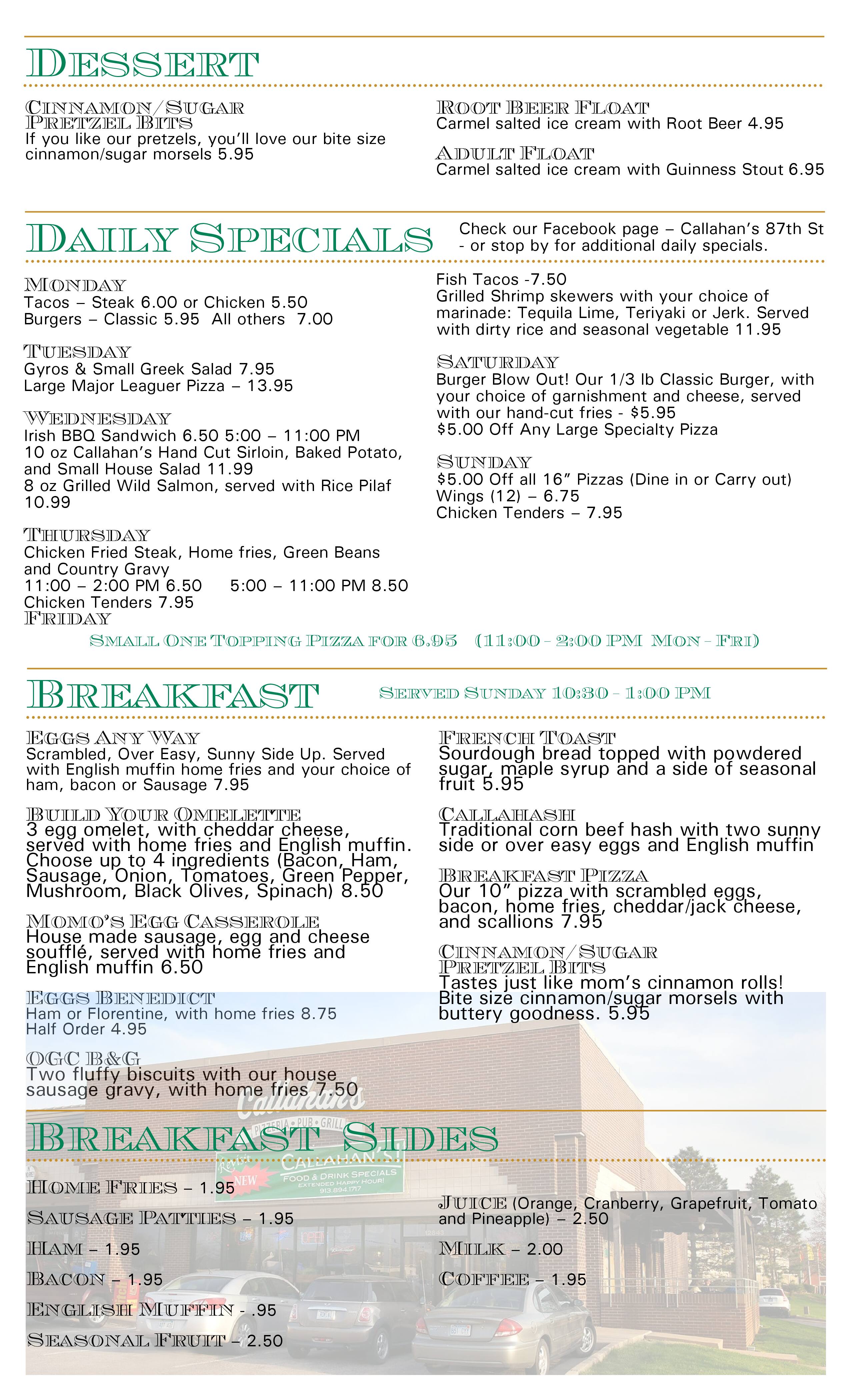 Callahan's menu
