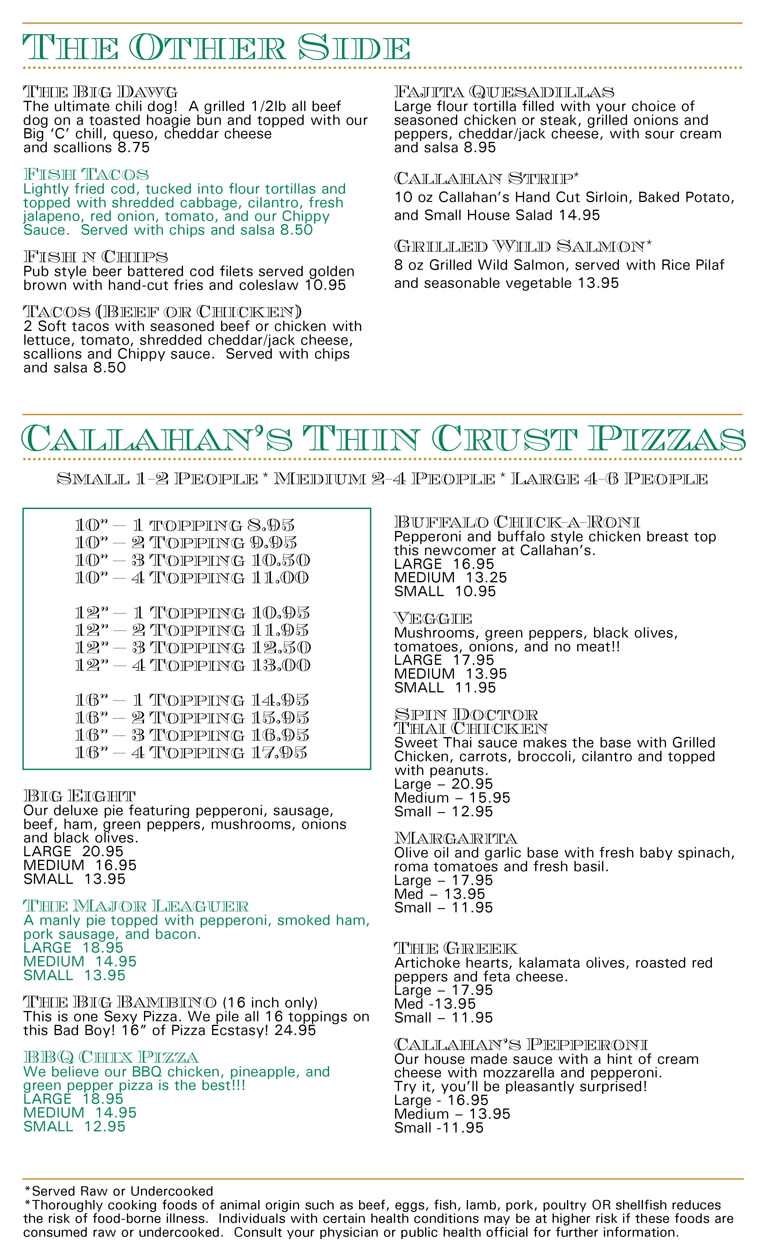 Callahan's menu