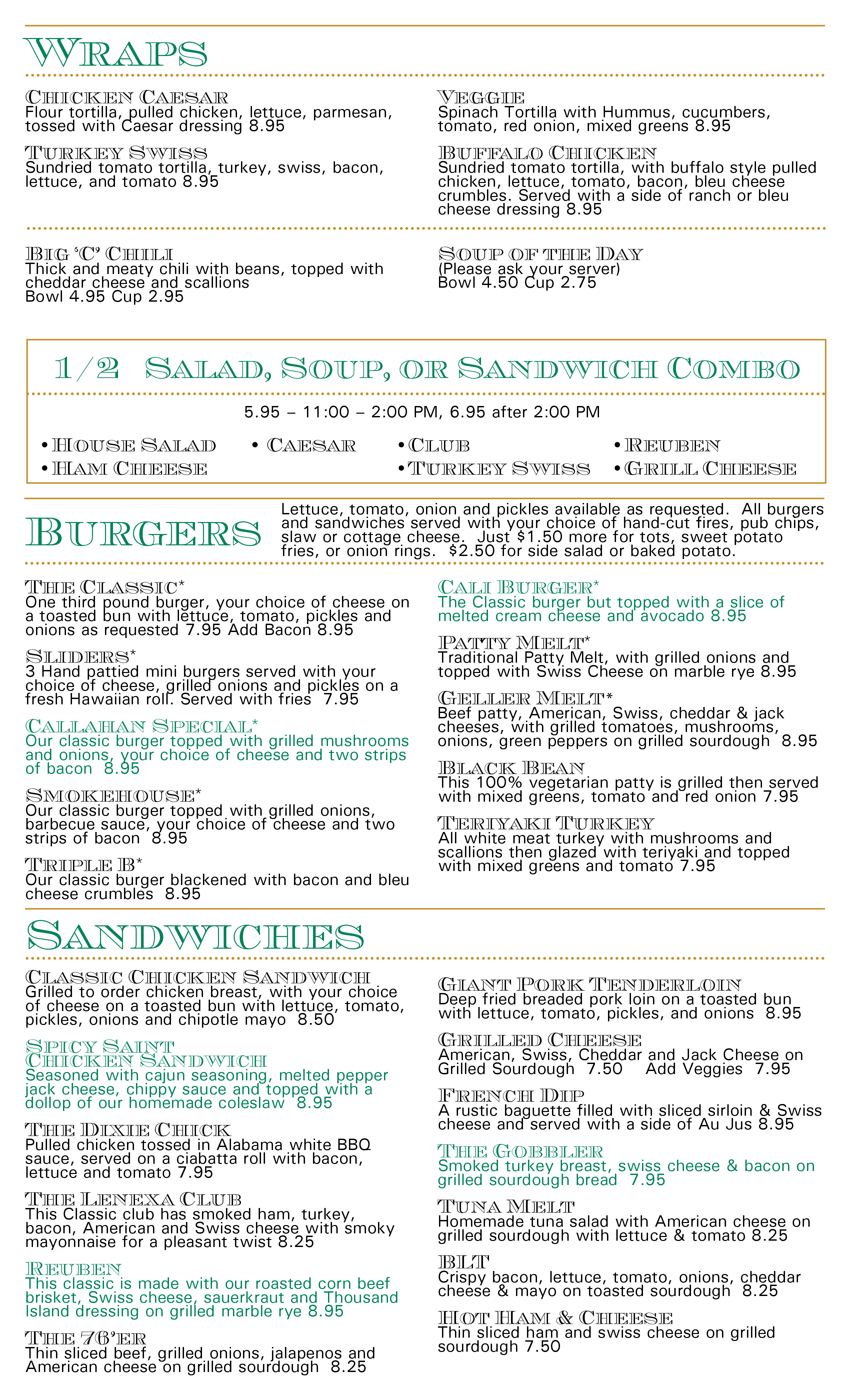 Callahan's menu