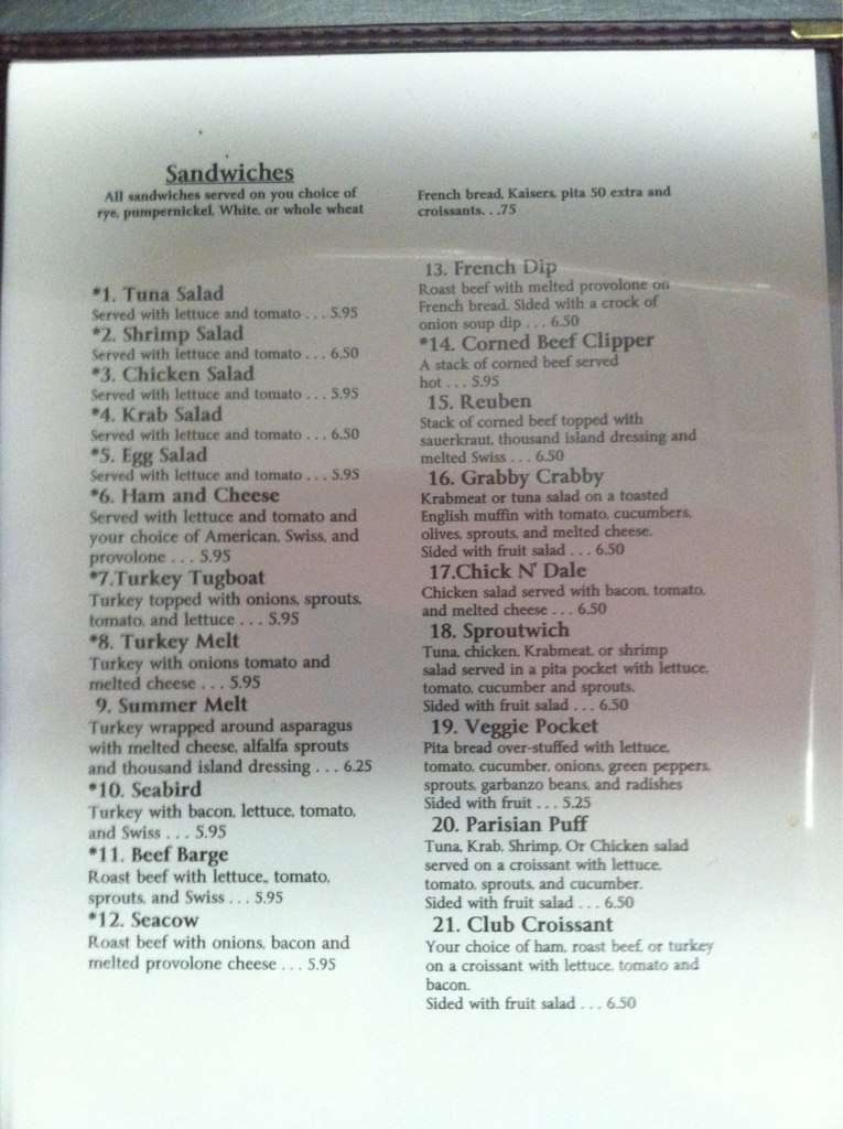 Menu at Sunset Cafe, Vero Beach