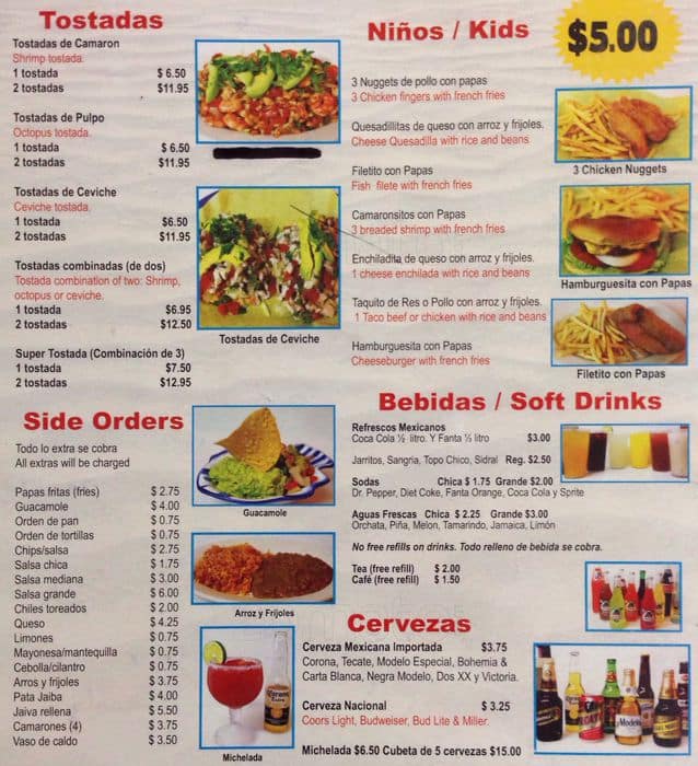 Carta del restaurante Mariscos Acapulco, Fort Worth, NW 25th St