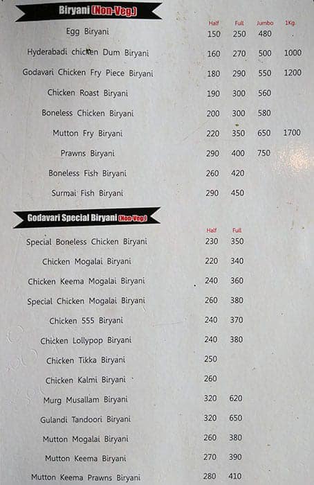 Godavari Ruchulu menu