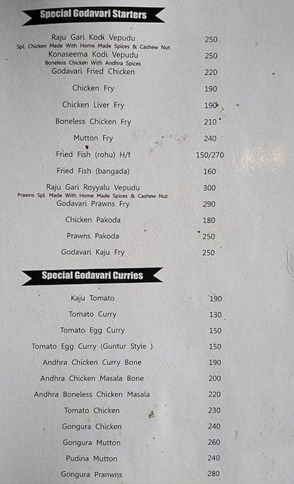 Godavari Ruchulu menu