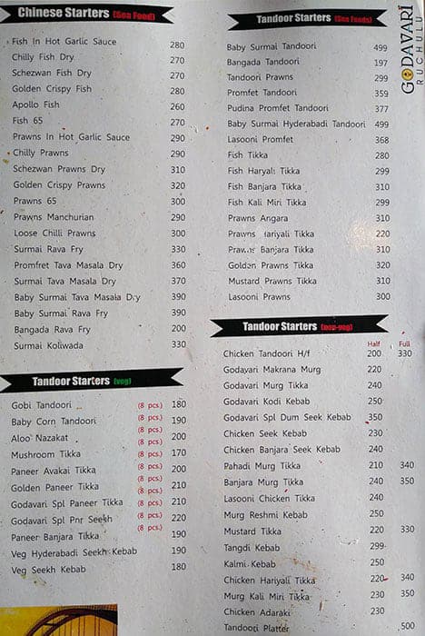 Godavari Ruchulu menu