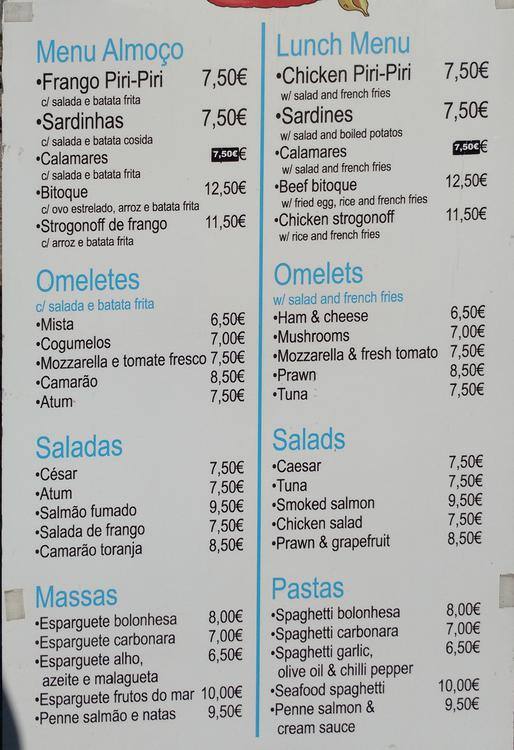 Menu at The Beach Basket restaurant, Albufeira