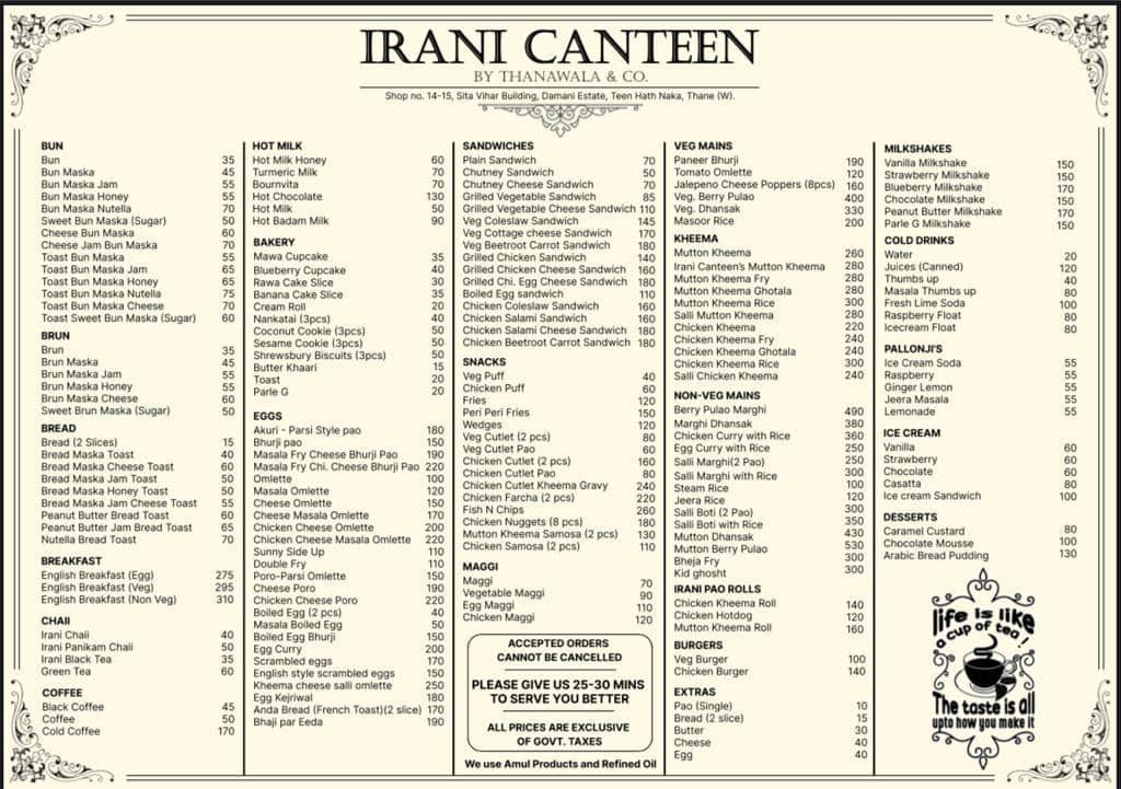 Menu of Irani Canteen, Panch Pakhadi, Thane West, Thane
