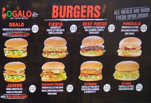 Ogalo Menu, Menu for Ogalo, Kensington 