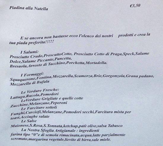 Menu di Piadineria da Luca 