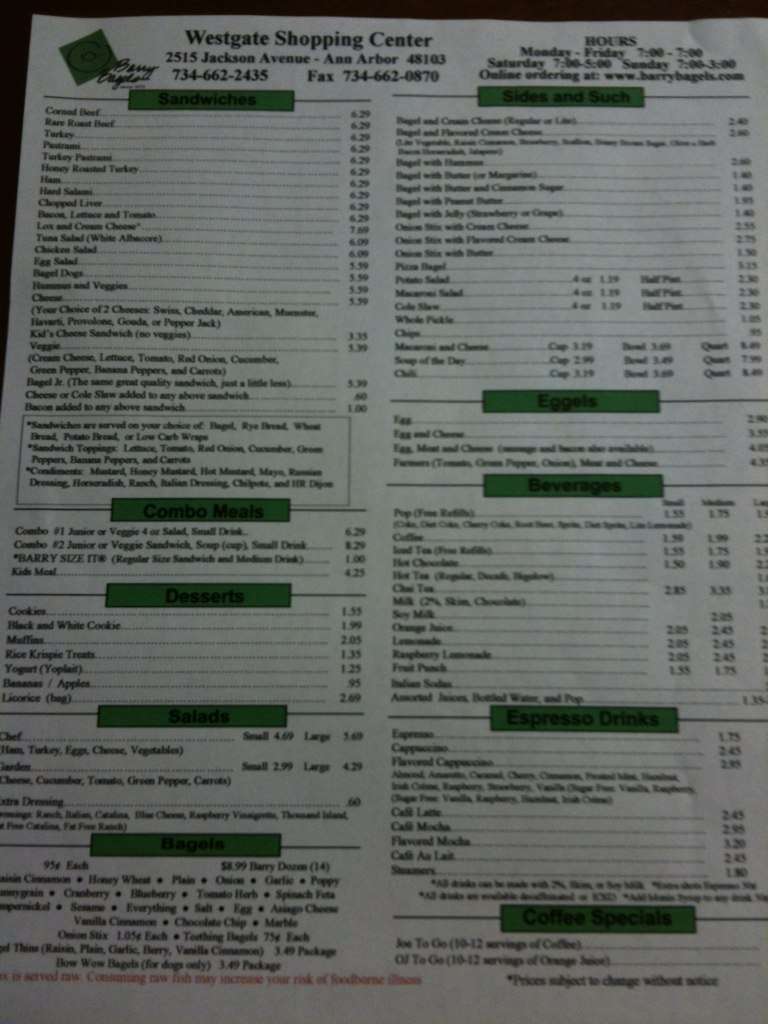 Barry Bagels Menu, Menu for Barry Bagels, Ann Arbor, Detroit