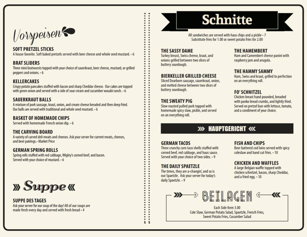 Menu at Bierkeller Tavern & Eatery pub & bar, Taylor