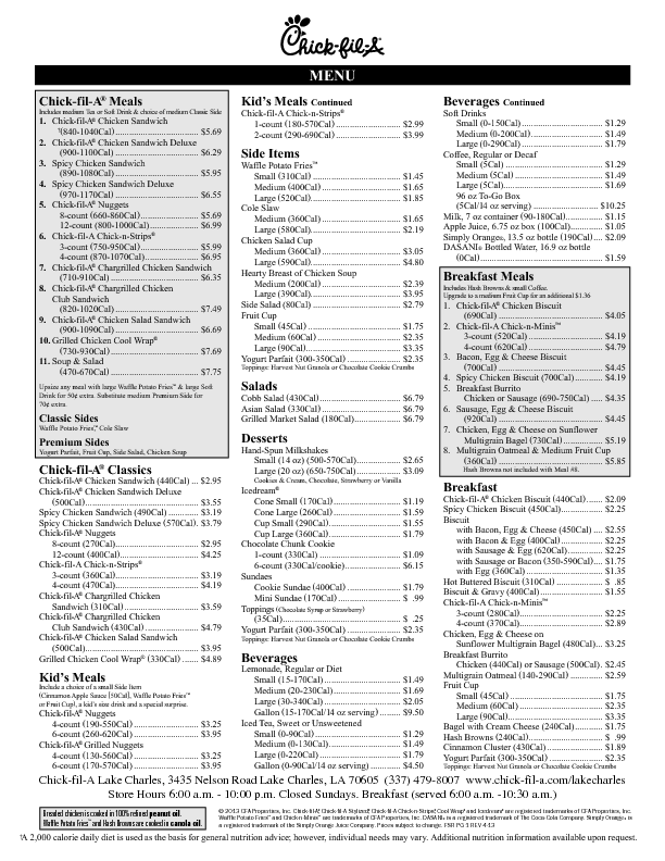 Chick Fil A Printable Menu With Prices