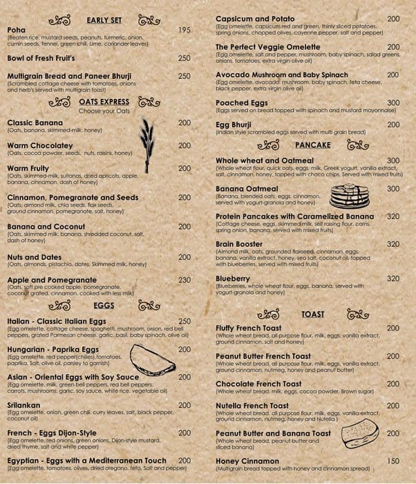 Menu, Menu for Pali Hill, Bandra West, Mumbai
