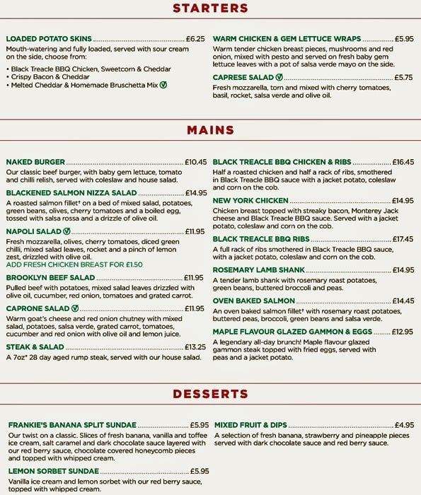 Menu At Frankie And Bennys Restaurant Birmingham Unit 8