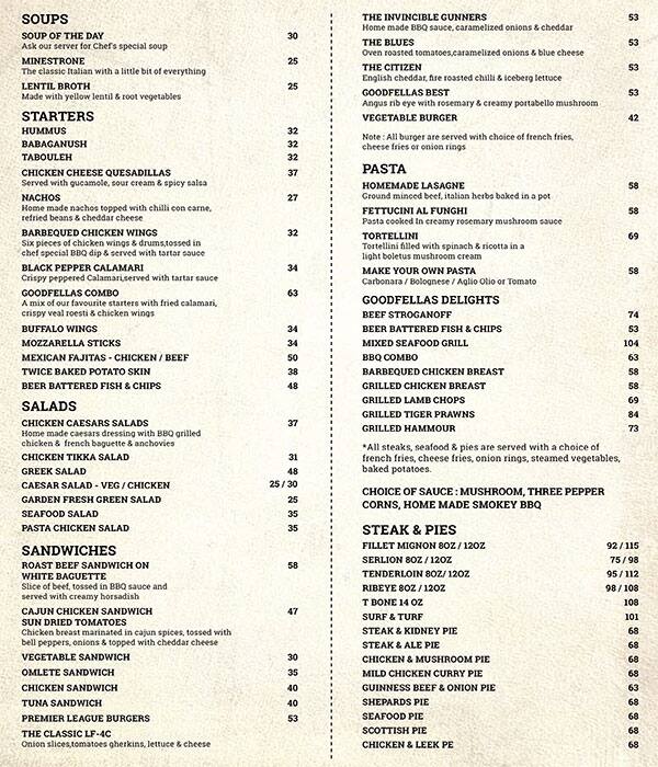 Menu at Goodfellas - Regal Plaza Hotel pub &amp; bar, Dubai