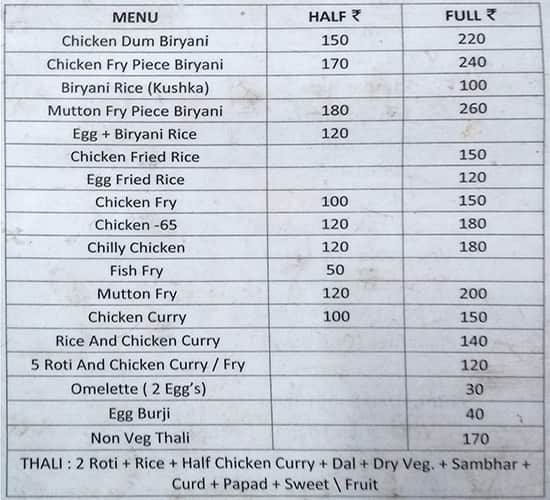 Hyderabad biryani house menu