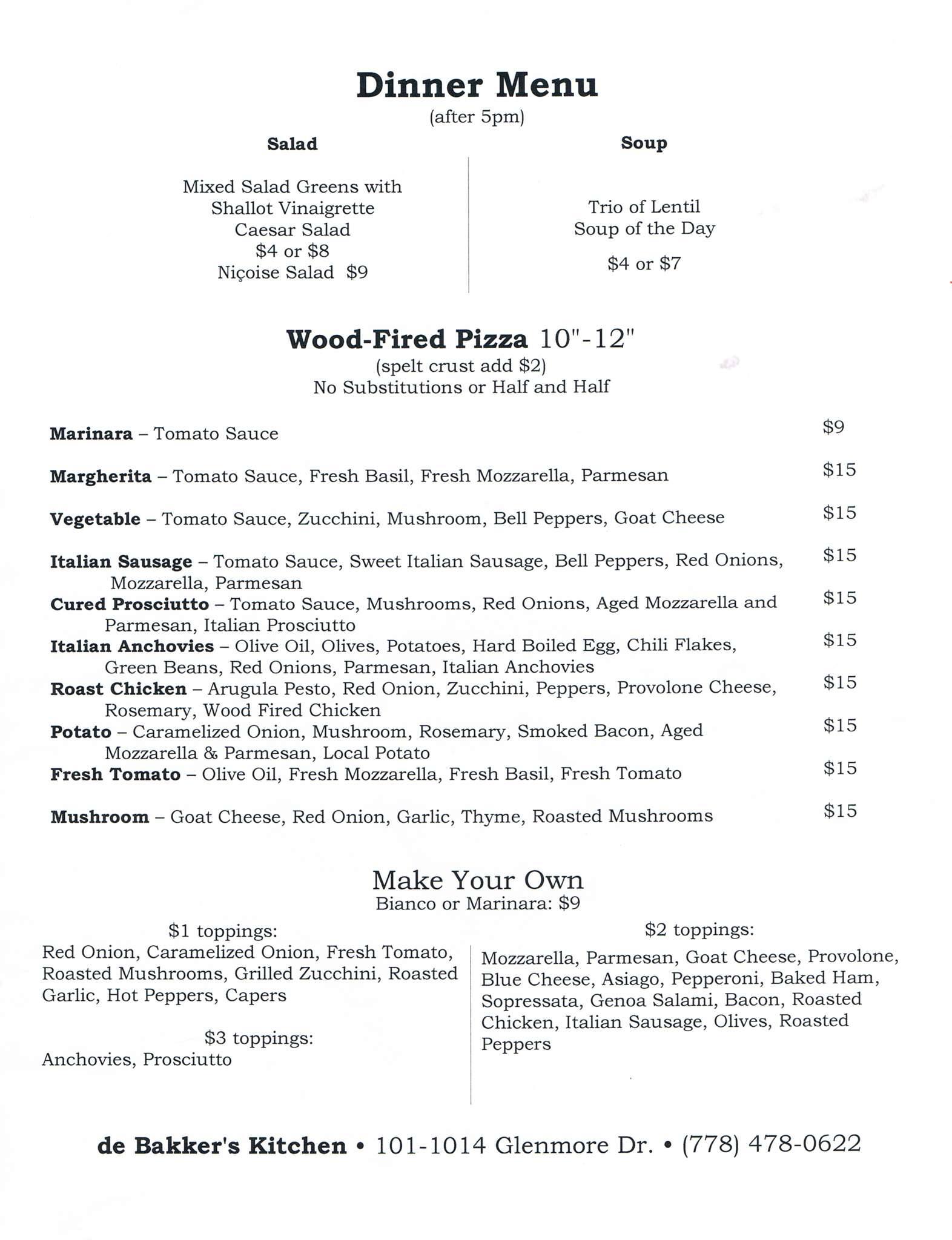 De Bakker's Kitchen Menu, Menu for De Bakker's Kitchen, North Kelowna ...