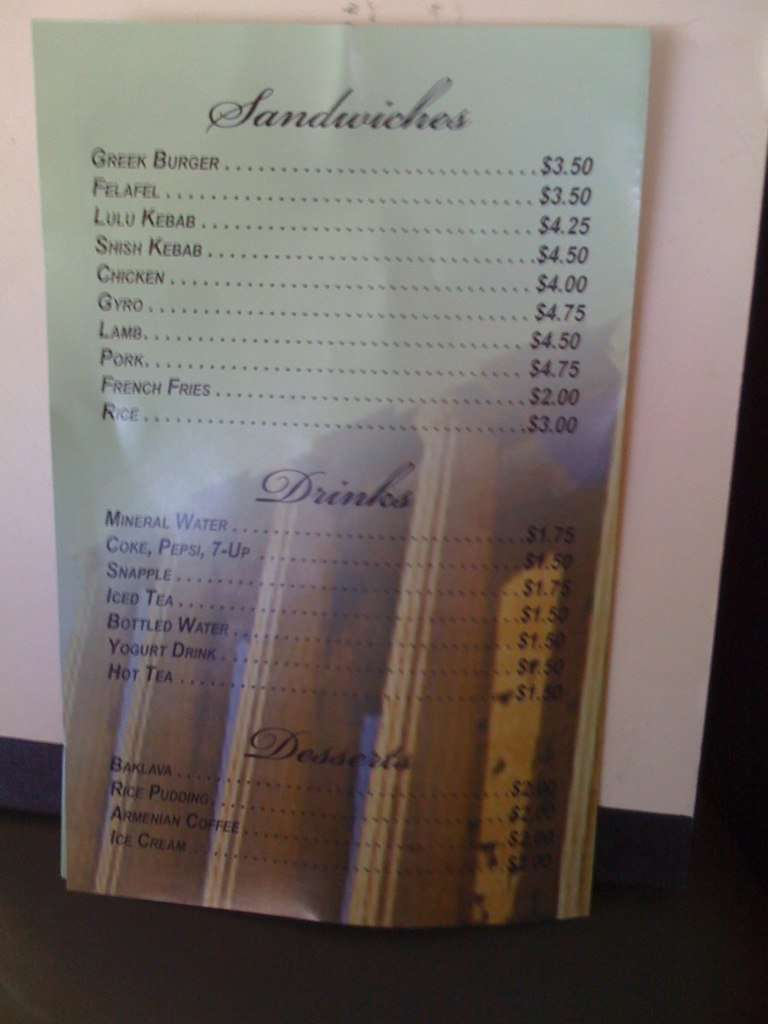 Menu at Elena's Greek Armenian Cuisine restaurant, Glendale
