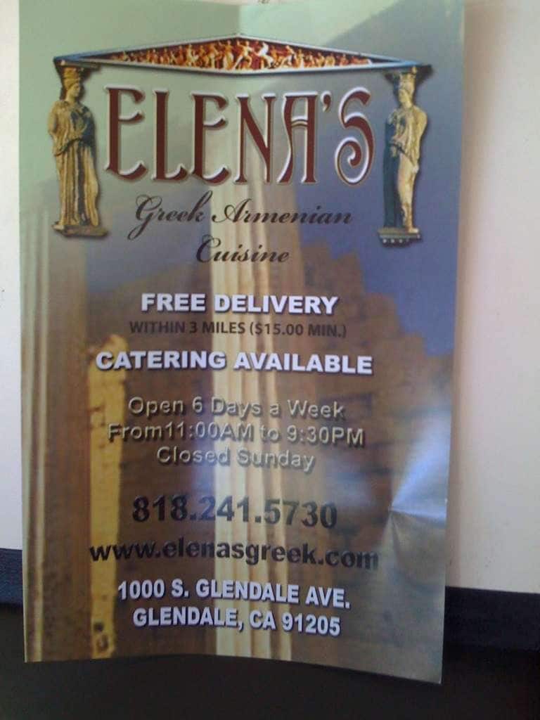 Menu at Elena's Greek Armenian Cuisine restaurant, Glendale