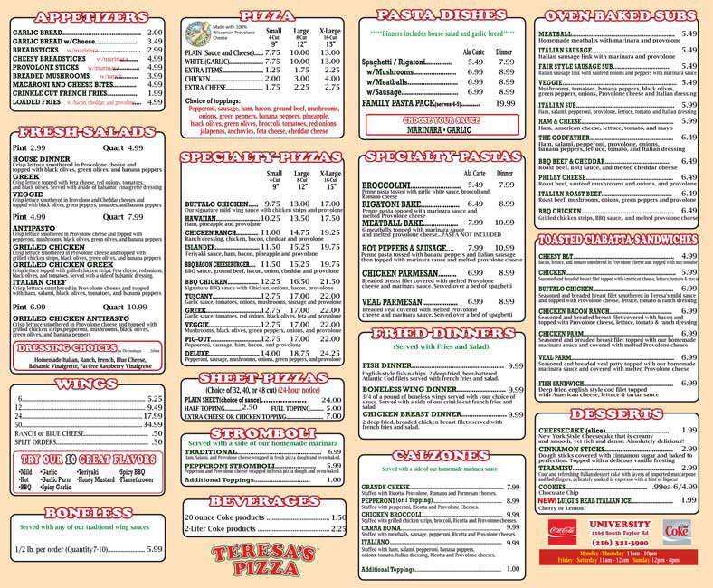Teresa's Pizza Menu, Menu for Teresa's Pizza, Cleveland Heights