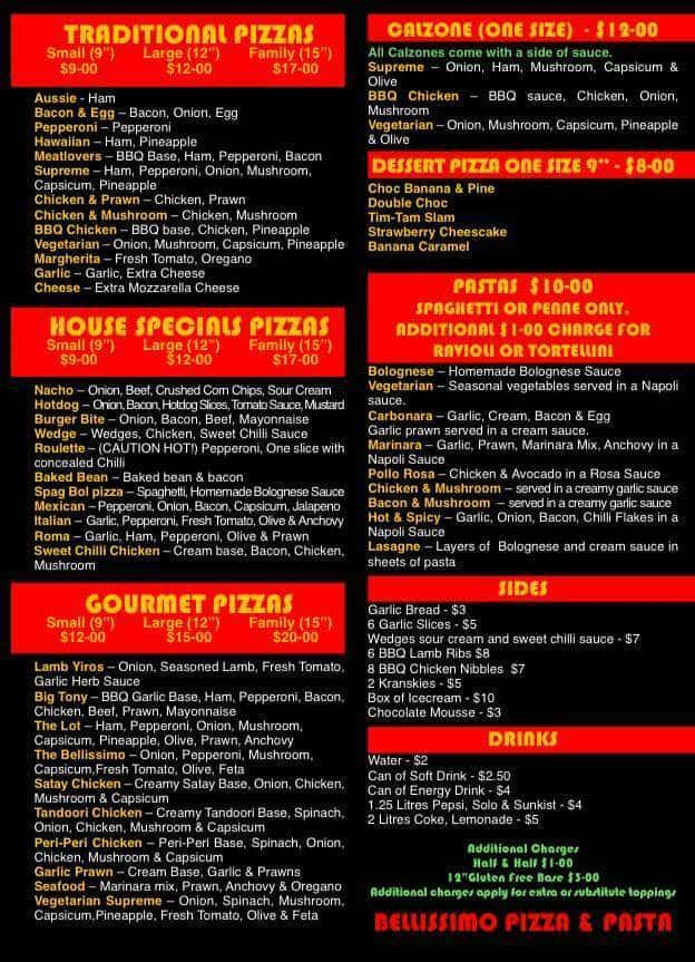 Belissimo Pizza and Pasta Menu - Urbanspoon/Zomato